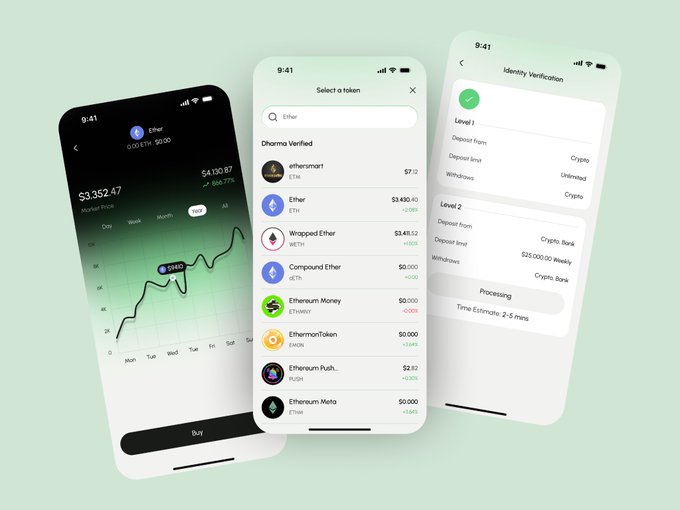Three iPhone mockups show a cryptocurrency app interface with portfolio value ($3,352.47), a token selection menu for various Ether-based tokens, and an Identity Verification screen.
