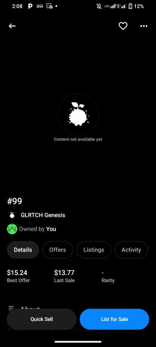 A mobile screen showing an NFT marketplace listing for 'GLRTCH Genesis' #99 with a price of $15.24, owned by the user, though the content is unavailable.