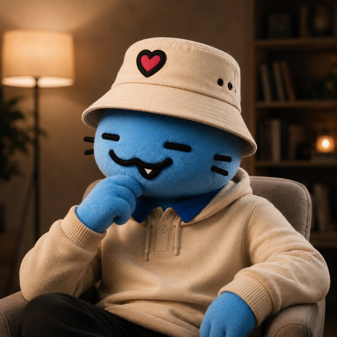 A blue plush cat character wearing a cream bucket hat with a pink heart and a matching beige hoodie sits thoughtfully in a cozy chair, resting its chin on its hand in a contemplative pose.

The image visually echoes the post's reflective tone—the character appears deep in thought with a subtle, knowing smile, mirroring the "thinking out loud" sentiment about NFT profits, followers, and whale-list access that the post explores.