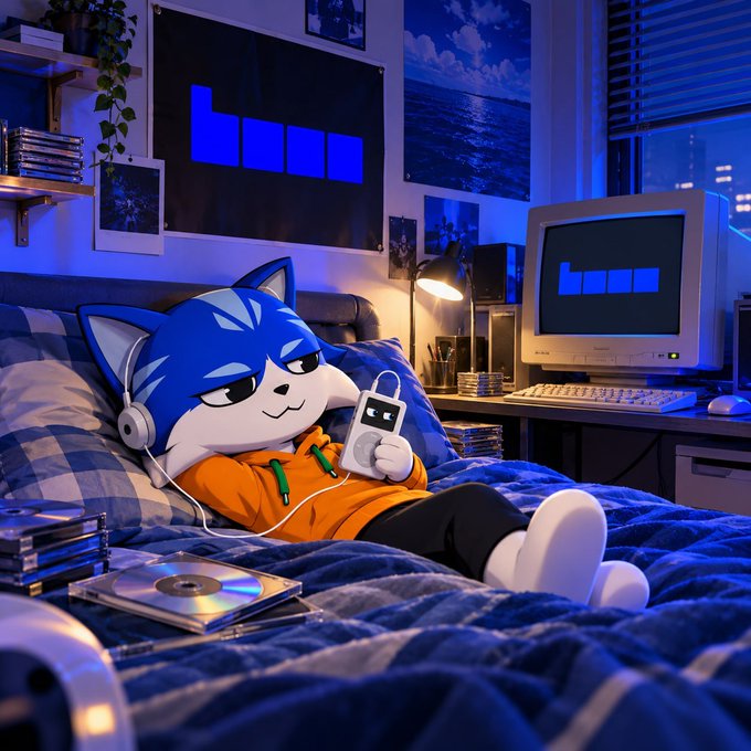 A blue anthropomorphic cat character wearing an orange hoodie, headphones, and headphones sits on a bed in a blue-lit room, holding a white game controller, with a CRT monitor displaying a Tetris-like game visible on a desk to the right.