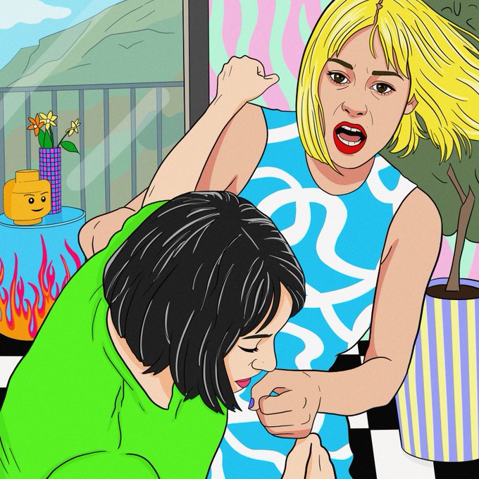 An illustrated scene showing a blonde woman in a blue patterned dress angrily shouting with her fist raised at a dark-haired woman in a green shirt who appears to be crying or distressed.