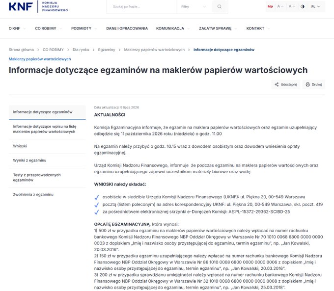 This image shows a Polish webpage from KNF (Komisja Nadzoru Finansowego) titled "Informacje dotyczące egzaminów na maklerów papierów wartościowych," which provides information about securities broker exams scheduled for October 11, 2026, with registration deadlines of October 15, and details on fees (500 PLN or 150 PLN) and submission requirements.

The image relates to the post only tangentially, as both concern the financial/trading industry, though the webpage is about licensing exams for securities brokers rather than active trading strategies mentioned in the hashtags like #bitcoin, #daytrading, or #crypto.