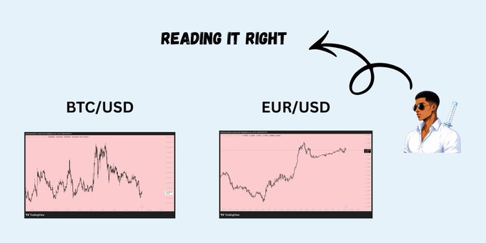 A meme-style graphic with 'BTC/USD' and 'EUR/USD' charts, an arrow pointing to the EUR/USD chart labeled 'READING IT RIGHT' next to an anime-style man holding a sword.