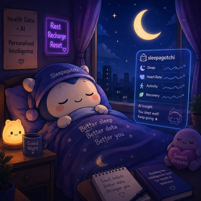 Anime-style illustration of a cute character named Sleepagotchi sleeping in bed with a sleep-tracking dashboard showing Sleep, Heart Rate, Activity, and Recovery metrics, along with neon signs reading 'Rest, Recharge, Reset' and 'Better sleep, Better data, Better you.'