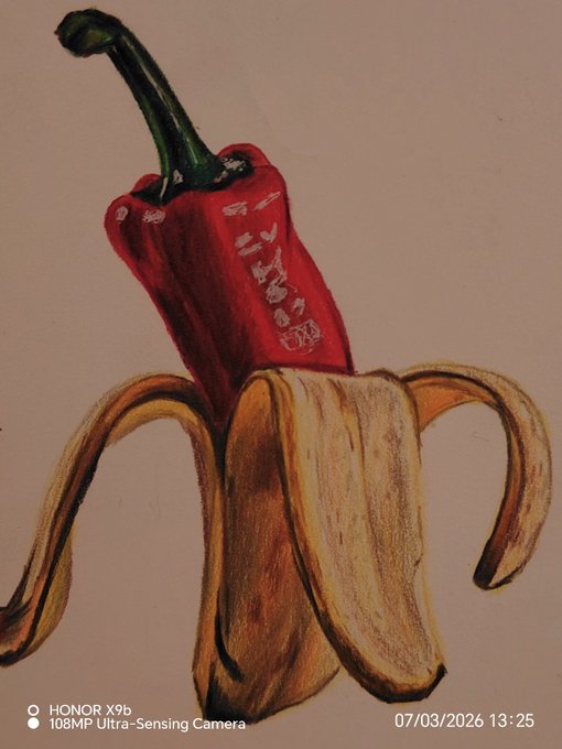 A child's colorful drawing shows a red chili pepper character with a face created for artistic effect sitting atop a peeled banana, taken with a HONOR X9b phone.