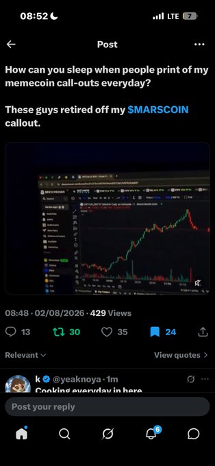 A social media post titled 'How can you sleep when people print of my memecoin call-outs everyday?' referencing 'SMARSCOIN' alongside a cryptocurrency trading chart showing a price increase.