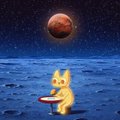 A small cartoon illustration shows a yellow cat or fox sitting on a barren, moon-like landscape beneath a starry night sky with a red planet in the distance.