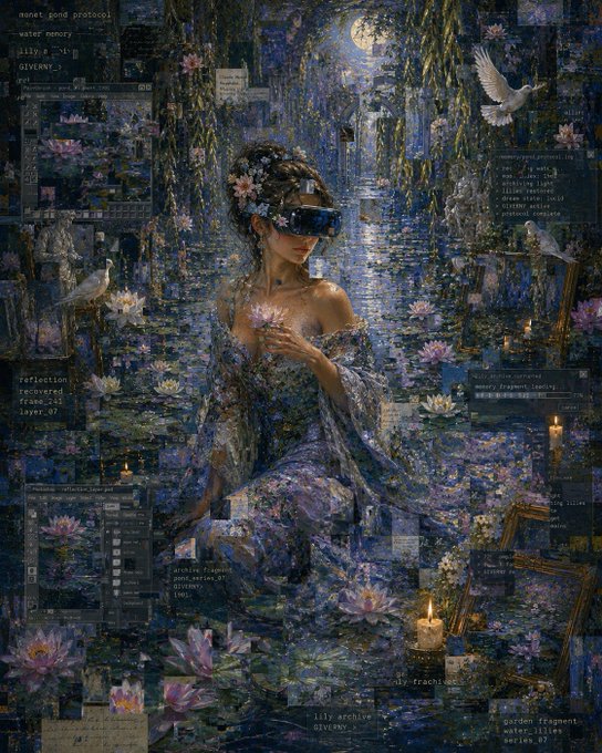 A digital artwork depicting a woman wearing a VR headset and a floral dress, sitting in a lotus pond with interface elements labeled "water memory," "lily archive," and "memory fragment loading."
