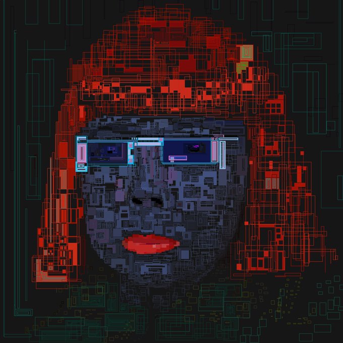 A digital glitch-art style portrait of a face with red hair, blue-tinted skin, and neon blue-purple glasses rendered in a pixelated, cyberpunk aesthetic.