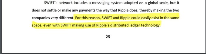 A page excerpt (page 25) discussing how SWIFT and Ripple can coexist, with a highlighted passage emphasizing that "SWIFT and Ripple could easily exist in the same space, even with SWIFT making use of Ripple's distributed ledger technology."