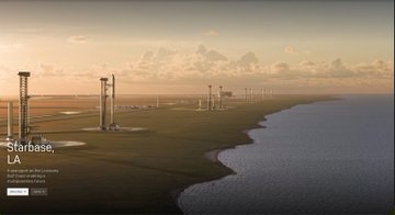 An aerial view of SpaceX's Starbase launch facility in Boca Chica, Texas, labeled "Starbase, LA," showcases multiple Starship launch towers lined up along the coastline, reflecting the company's rapid expansion referenced by the "$spcx" ticker.