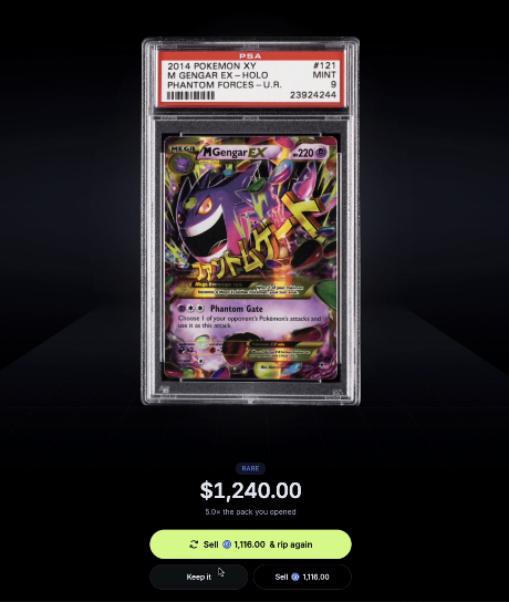 A PSA-graded 2014 Pokémon card #121 M Gengar EX (XY Phantom Forces) shown in a graded slab with a Mint 9 rating, listed for $1,240 on Jupiter Exchange's Gacha platform with options to sell at $1,190 or $1,310.