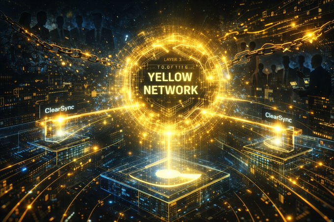 The image features a large, colorful digital illustration of a yellow circle with the words "Yellow Network" written inside it. The circle is surrounded by three other circles, each containing a different object or symbol related to finance and technology. These objects include a laptop, a computer monitor, and a keyboard. The background of the image is filled with various buildings and people, suggesting that this digital illustration takes place in an urban setting where financial institutions and tech companies are present.