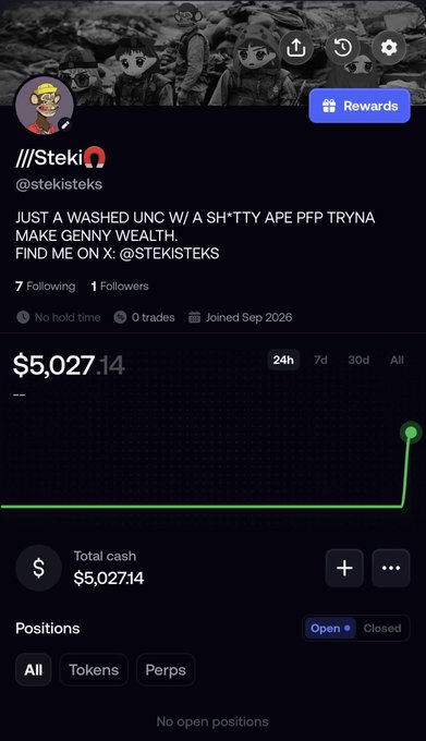 A screenshot of a crypto trading account dashboard for user "steki" (@stekisteks) showing a total cash balance of $5,027.14, 0 trades, and no open positions, with the bio referencing "STK" and aiming to "make genny wealth" on X. The image visually supports the post's caption about starting a $5K trading journey with the goal of reaching either zero or millions.