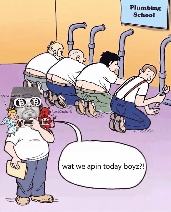 A cartoon depicting a Plumbing School where multiple men are kneeling on toilets, with one instructor saying 'wat we apin today boyz?!' and Bored Ape NFT characters watermarked 'Ape SClawbank' visible.