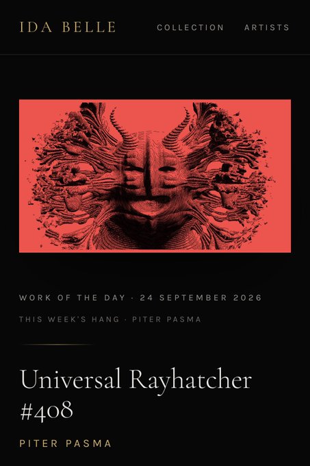 An art portfolio webpage for 'IDA BELLE' featuring 'Work of the Day · 24 September 2026' titled 'Universal Rayhatcher #408' by PITER PASMA, displaying a surreal red and black image of a face surrounded by horned figures.