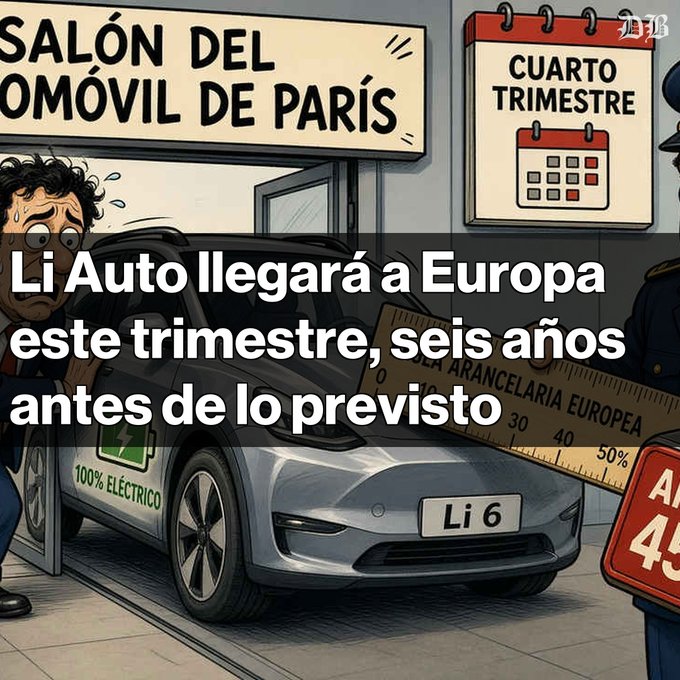 A cartoon image with the Spanish headline "Li Auto llegará a Europa este trimestre, seis años antes de lo previsto," depicting an electric "Li 6" car at the "Salón del Automóvil de París."