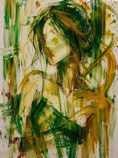 An abstract expressionist painting featuring chaotic, sweeping brushstrokes in shades of green, ochre yellow, and brown on a cream-colored canvas.