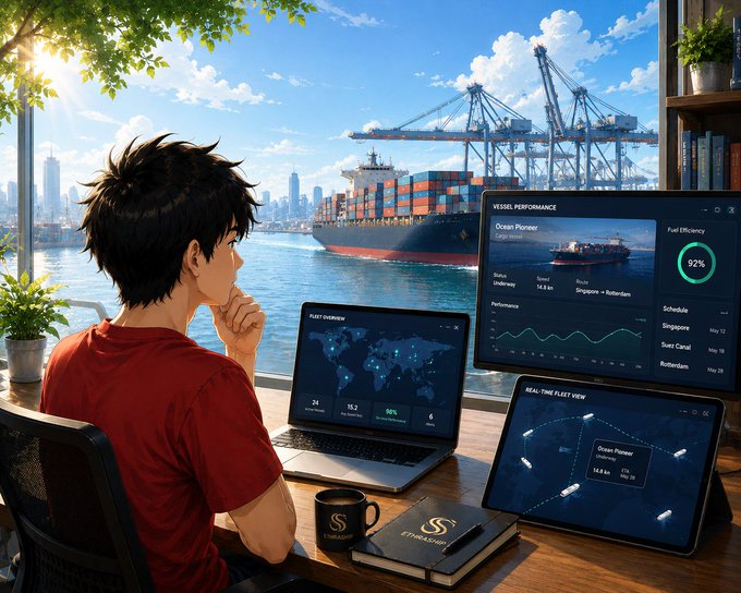 An anime-style illustration of a young man at a desk with a laptop and monitors showing fleet management dashboards (Vessel Performance, Fleet Overview, Real-Time Fleet View) overlooking a busy shipping port with cranes and a container ship.