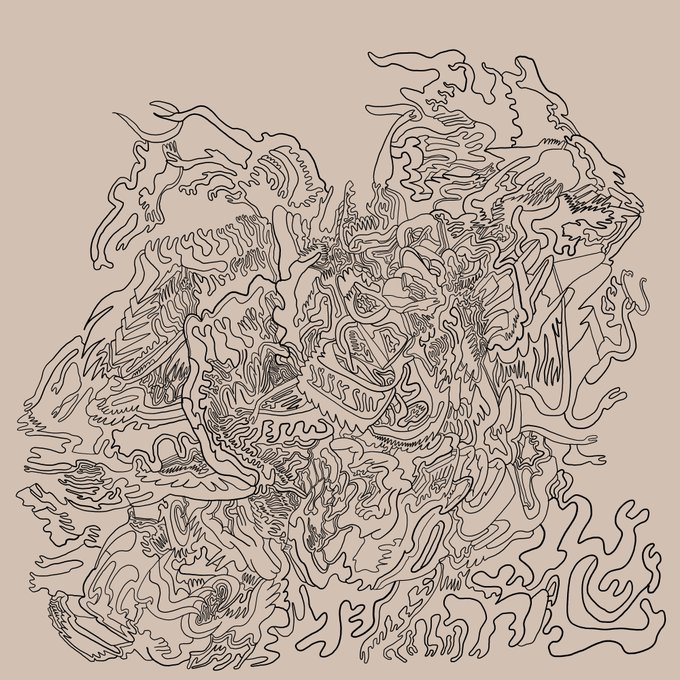 An abstract black line drawing with intricate swirling patterns resembling distorted organic or tribal forms on a beige background.