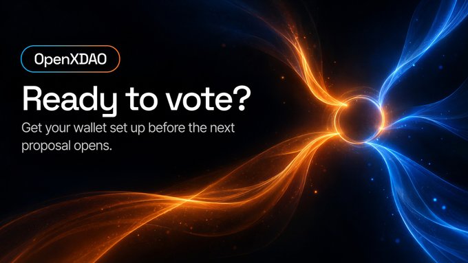 A promotional graphic for OpenXDAO featuring a striking cosmic design with swirling orange and blue light streams converging toward a central eclipse-like sphere, overlaid with the text "OpenXDAO – Ready to vote? Get your wallet set up before the next proposal opens," encouraging users to prepare their wallets in advance to participate in governance voting with their $OPENX tokens.