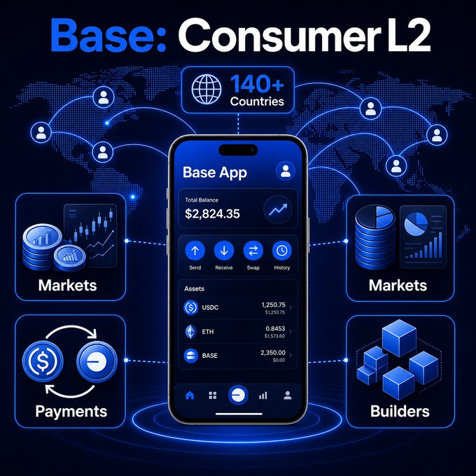A promotional graphic titled 'Base: Consumer L2' showing a smartphone displaying a crypto app with a $2,824.35 balance and USDC, ETH, and BASE assets, surrounded by icons for Markets, Payments, and Builders across 140+ countries.