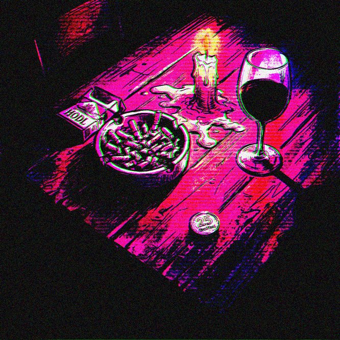 The image features a wooden table with various objects placed on top of it, including a candle, a glass of wine, a bowl of snacks (possibly chips), and some coins. The scene appears to be set up for a casual gathering or social event. The post is titled "good morning Happy Thursday HODL your Tezitos 0.25 tz only objkt.com/tokens/KT1HtQe". This suggests that the image might have been created by someone who has recently posted about their daily routine, which includes enjoying snacks and drinks while watching TV or engaging in other leisure activities.