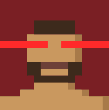 A pixel art close-up of a character with a beard and a red horizontal line across the eyes, set against a dark red background.