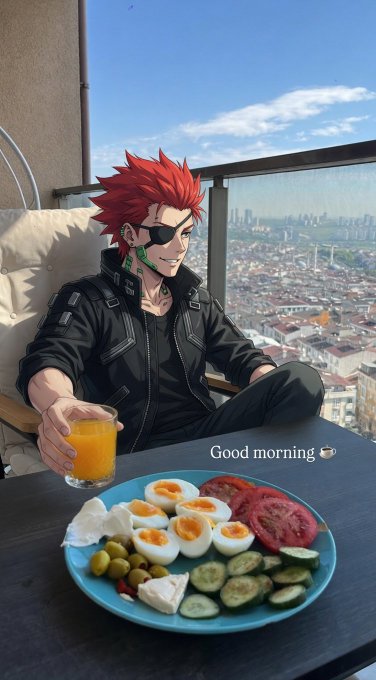 An anime-style illustration of a red-haired man with sunglasses sitting on a balcony with a city view, holding orange juice over a plate of eggs, tomatoes, and cucumbers, with the text 'Good morning ☕'.
