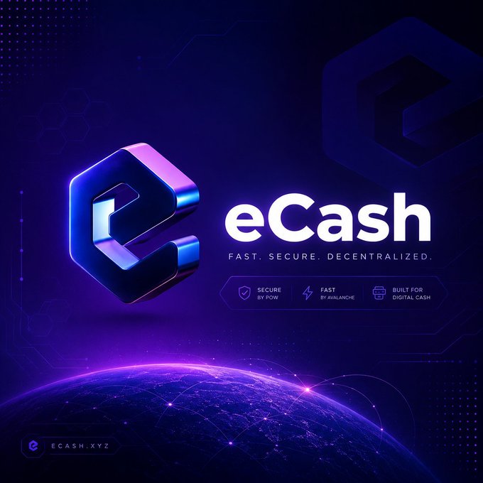 Promotional graphic for eCash featuring a stylized purple and blue 3D 'e' logo with the tagline 'FAST. SECURE. DECENTRALIZED.' and features 'SECURE BY POW', 'FAST BY AVALANCHE', and 'BUILT FOR DIGITAL CASH'. The website ecash.xyz is shown.