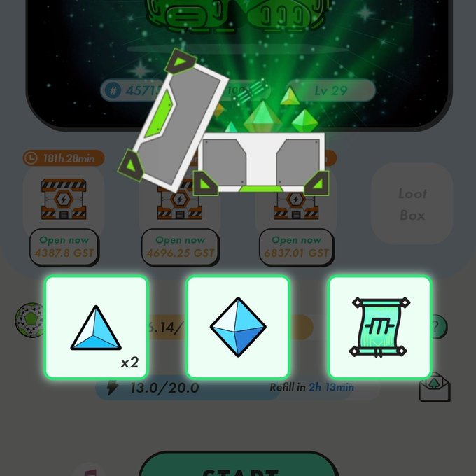 The image shows a screenshot of an app called StepnPolygon Realm MB4. The app is open on the screen with its icon displayed prominently. It has various shapes and lines, including triangles, squares, rectangles, diamonds, and circles. The shapes are in different sizes and colors. The app's interface also includes text boxes for navigation or instructions.