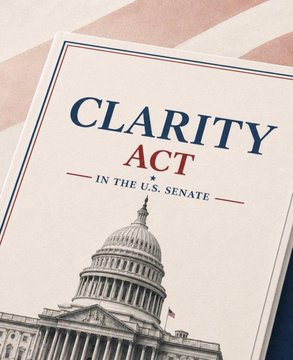 A cover or graphic for the "CLARITY ACT" with the subtitle "IN THE U.S. SENATE", featuring an illustration of the U.S. Capitol building's dome.