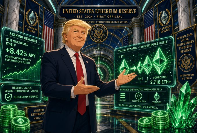 The image depicts Donald Trump in a grand hall labeled "UNITED STATES ETHEREUM RESERVE · EST. 2024 · FIRST OFFICIAL," gesturing toward glowing green screens displaying staking rewards of "+8.42% APY" and "ETH MULTIPLIES ITSELF" alongside Ethereum logos and an "OFFICIAL SEAL OF THE UNITED STATES ETHEREUM RESERVE." It visually promotes the post's concept of a hypothetical U.S. government Ethereum reserve that would grow through compounding staking rewards rather than active purchasing, contrasting with the existing Bitcoin reserve built from seized assets.