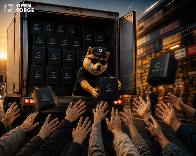 The image shows an anthropomorphic Shiba Inu wearing sunglasses and a cap, throwing "DogeBox1" branded boxes from the back of a truck to eager crowds of people reaching up to grab them, with "OPEN FORGE" branding visible in the top left corner. This visually conveys the urgency in the post about DogeBox1 Batch 2 running low, depicting the boxes as highly sought-after items being distributed before supplies run out.