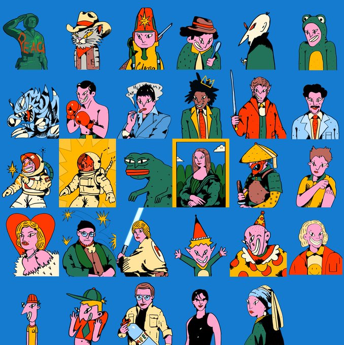 A grid of 25 stylized cartoon character illustrations on a blue background, featuring various figures like a soldier saluting (with "PEACE" written on the chest), a wizard, a frog hooded character, a tiger, a fighter with boxing gloves, a Mona Lisa parody, a clown, and other whimsical portraits. The image serves as promotional artwork for an upcoming exclusive NFT mint of "MFERS" by @narcisojuse, with the eclectic, hand-drawn character designs representing the 1/1 unique pieces set to be released on July 15th.