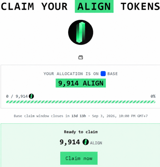 A screenshot of an ALIGN token claim page showing an allocation of 9,914 ALIGN on Base, with a claim window closing in 13 days and a 'Claim now' button.