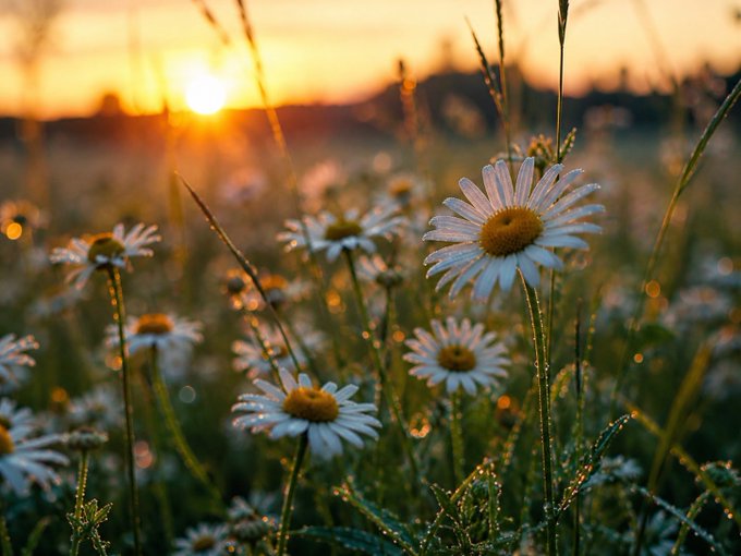A field of white daisies in the foreground with a warm, golden sunset glowing in the blurred background.