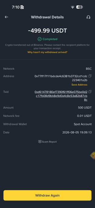 The image shows a Binance withdrawal confirmation of 499.99 USDT successfully transferred via the BSC network to a specific crypto address, dated 2026-08-05, with a network fee of 0.01 USDT. It serves as visual proof of a $500 payout, matching the accompanying post's claim of sending money to @mashud_tradez.
