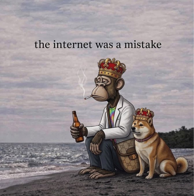 A weary monkey wearing a crown and lab coat sits on a beach smoking a cigarette and holding a beer, accompanied by a Shiba Inu dog also wearing a crown next to a Gucci bag, with the text "the internet was a mistake" above them. The image humorously illustrates the "gApE Frens" post by depicting the "apes" (crypto slang) as exhausted, regal figures who've seen too much of the internet's chaos.
