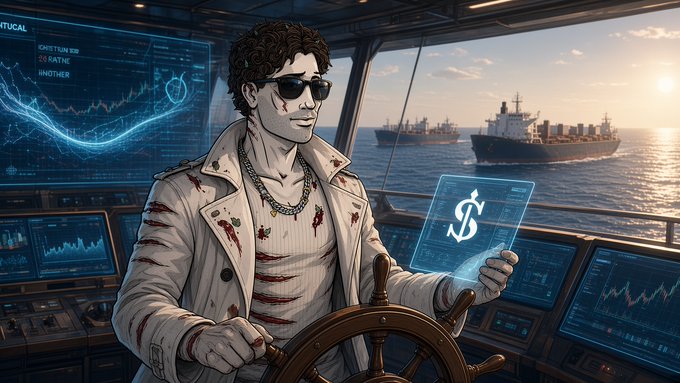 An illustrated scene of a man with curly hair and sunglasses at a ship's wheel, wearing a white jacket splattered with red, holding a glowing dollar sign display with cargo ships visible through the window.