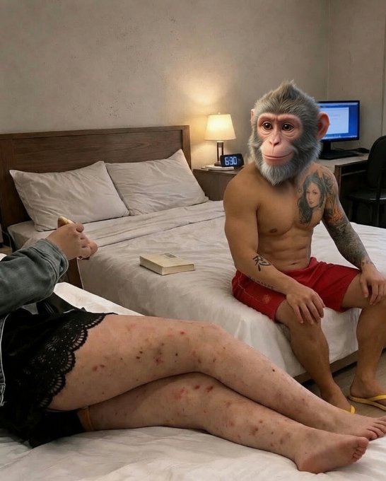 An unusual image showing a muscular humanoid figure with a monkey head wearing red shorts, sitting on a hotel bed with tattoos, alongside a person whose legs are visible in the foreground.