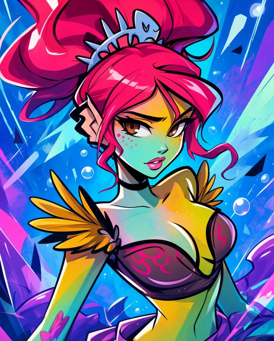 A vibrant digital illustration of a female character with green skin, bright pink hair styled in a large ponytail, freckles, and a yellow and purple outfit, set against a colorful background of crystals and bubbles.