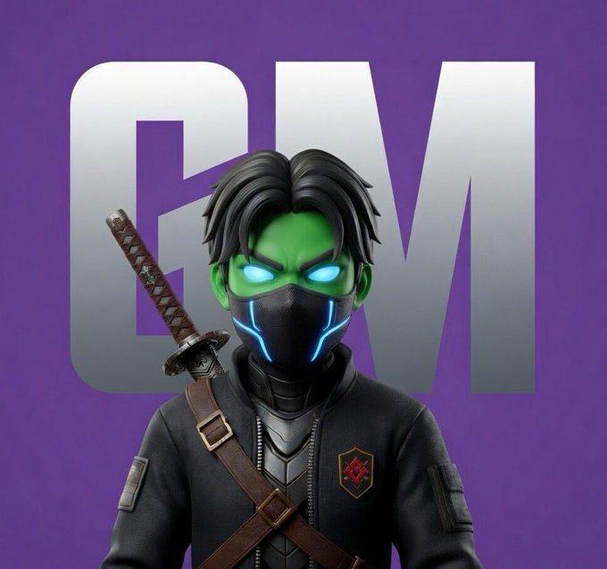 The image features a green-skinned, black-haired figure holding a sword with a shield on their back. They are wearing a black jacket and a mask that covers their eyes. The figure appears to be posing for the camera or standing against a purple background. In the corner of the image, there is text that reads "gm if you gm back!". This suggests that the person in the image might be a character from a video game or an animated series, and they are promoting themselves by displaying their unique appearance with a sword and shield.