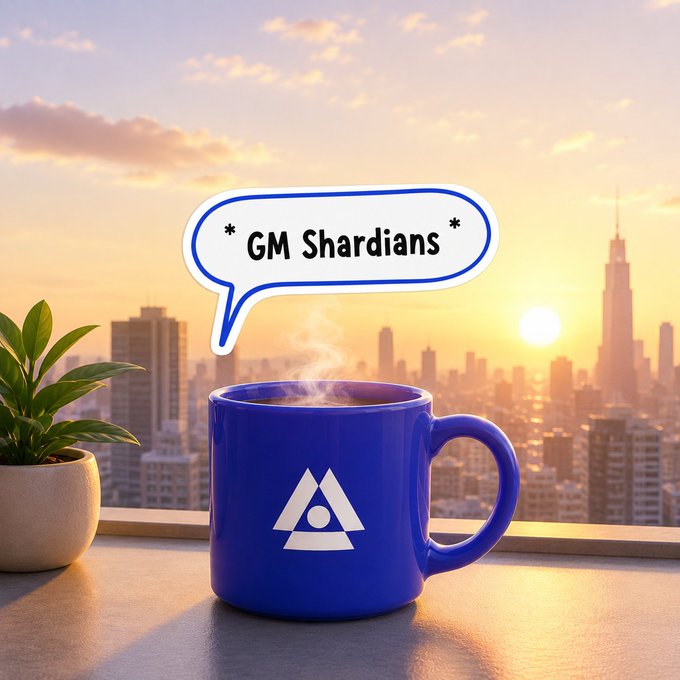 A steaming blue mug with a triangular logo sits on a windowsill overlooking a sunset cityscape, with a speech bubble reading *"GM Shardians*" above it—visually answering the "GM" greeting in a cozy, community-themed way.