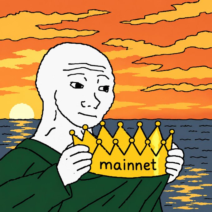 The meme shows the iconic "Wojak" character holding a golden crown labeled "mainnet" against a sunset seascape, symbolizing achievement or coronation. Combined with the caption "return and become king," the imagery suggests that returning to or launching a project's mainnet will elevate the user to a regal, triumphant status.
