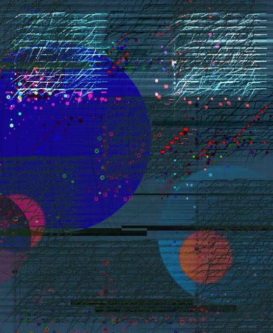 An abstract digital artwork featuring a large blue sphere surrounded by smaller colorful circles and scattered particles against a background of chaotic, wireframe-like lines.