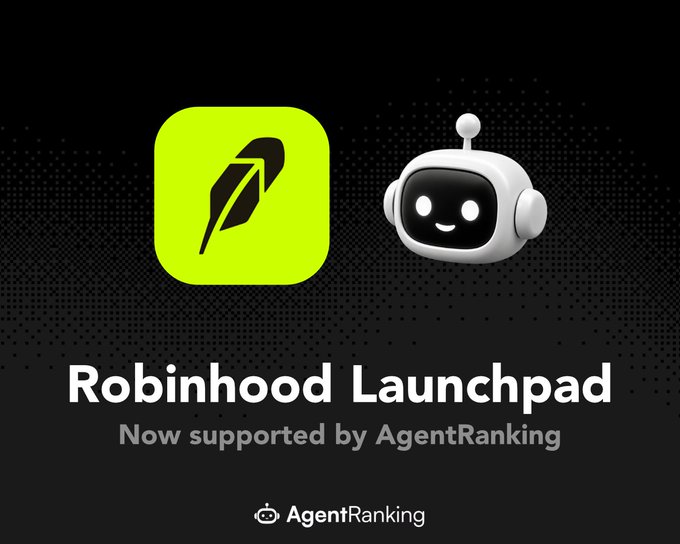 Promotional graphic announcing Robinhood Launchpad support by AgentRanking, featuring the Robinhood feather logo and a robot mascot.
