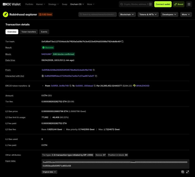 A screenshot of an OKX Wallet blockchain explorer showing a successful transaction of 0 ETH on the Robinhood explorer, with transaction details visible.