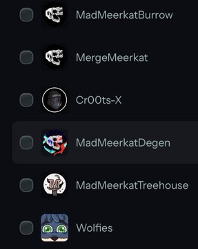 A screenshot of a list shows several usernames with profile icons, including 'MadMeerkatBurrow', 'MergeMeerkat', 'Cr0ots-X', 'MadMeerkatDegen', 'MadMeerkatTreehouse', and 'Wolfies'.