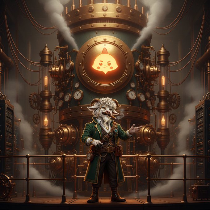 The image features an anthropomorphic character dressed in a green coat, standing next to a large machine with gears and dials surrounding it. The character appears to be talking or gesturing towards something above them. In the background, there are several clocks and other mechanical devices that contribute to the industrial atmosphere of the scene. The post also mentions a timeline for @Sleepagotchi's health intelligence and wellness tools, which could potentially be related to the character in the image.